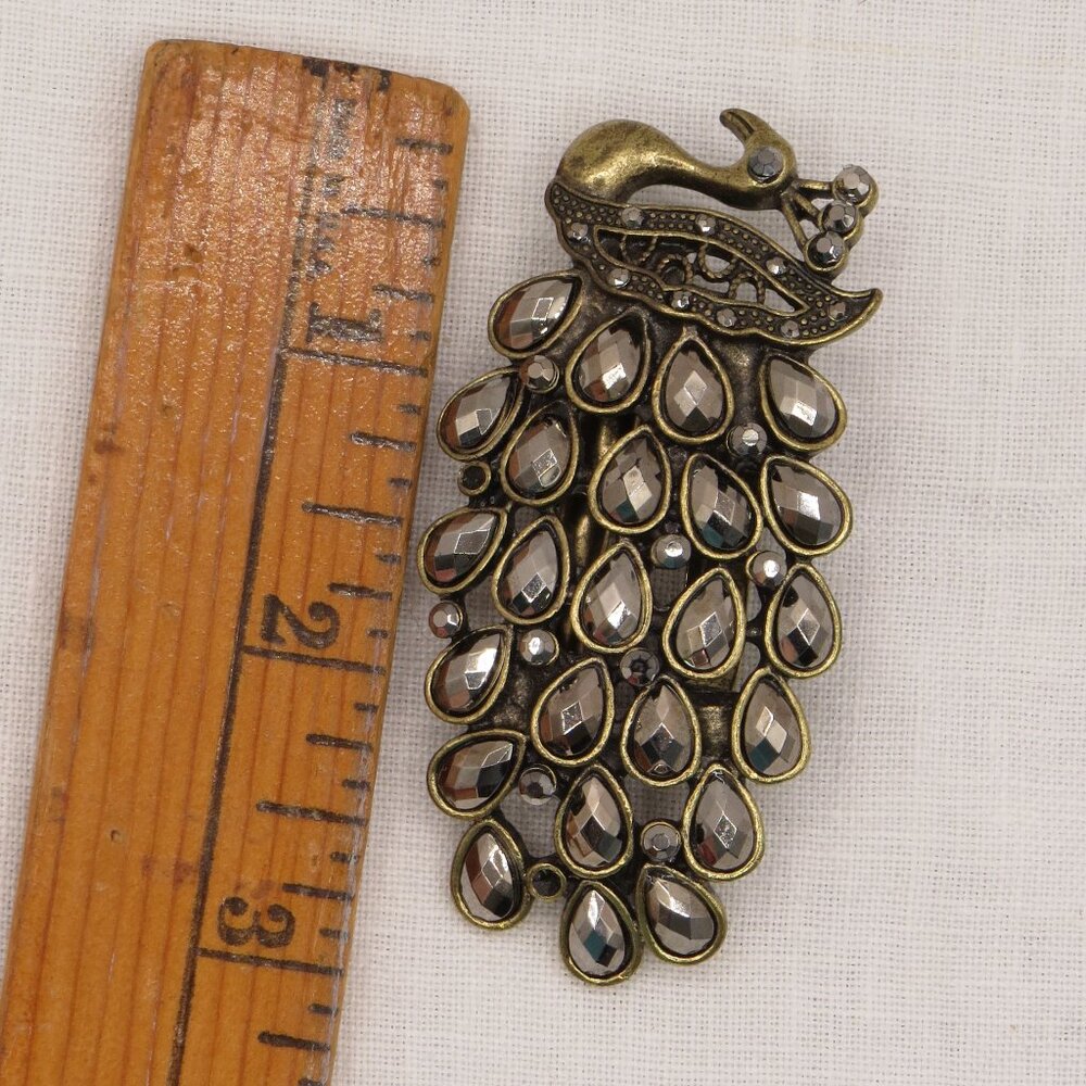 Vintage Peacock Hair Clip/Brooch Pin Teardrop Rhinestones -missing 2 tiny stones - Picture 9 of 9